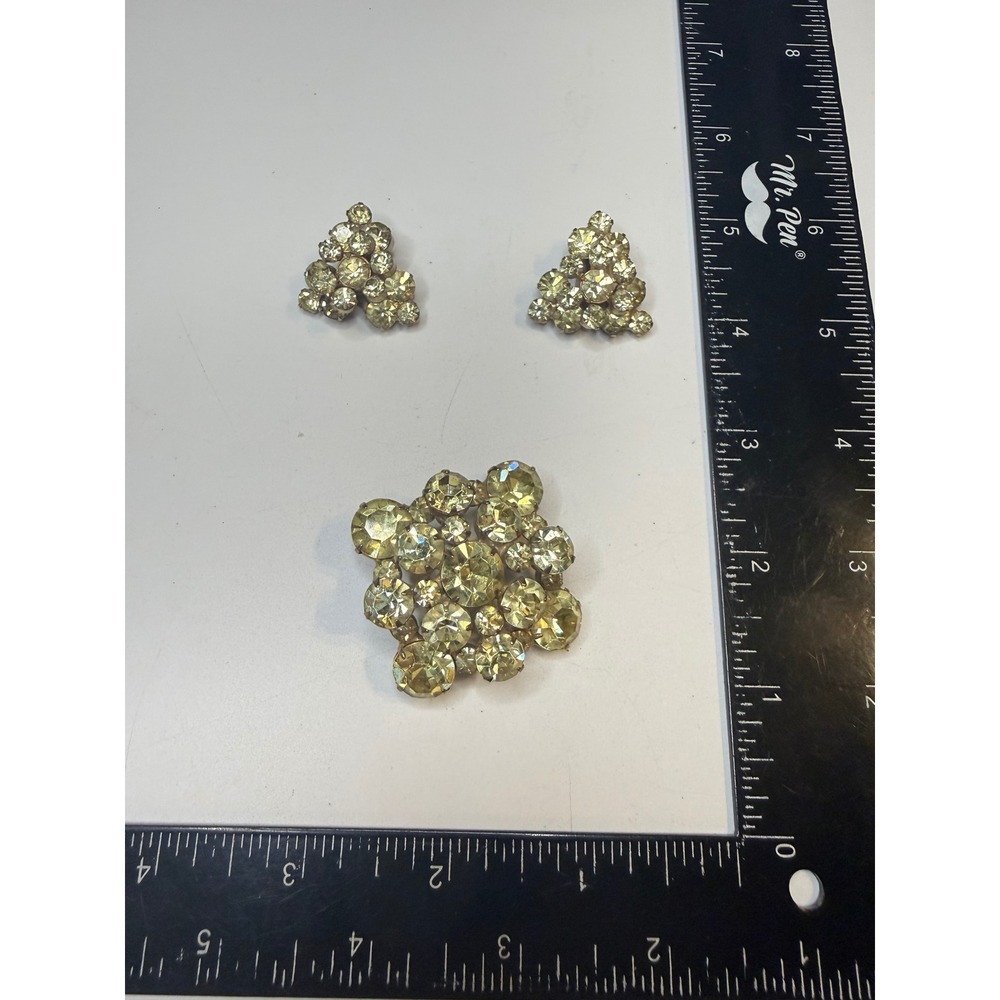 Vintage Yellow Rhinestoneโ Brooch and Clip On Earrings Set Gold Tone Mid Century